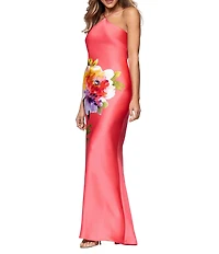 Xscape Halter Satin Placement Print Long Dress