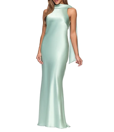 Xscape Halter Scarf Neck Satin Sheath Gown