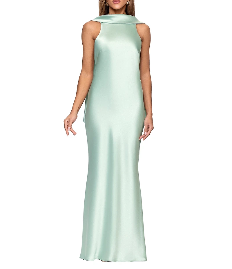 Xscape Halter Scarf Neck Satin Sheath Gown