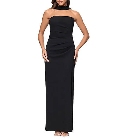 Xscape Halter Scuba Crepe Ruched Back Draping Sheath Gown