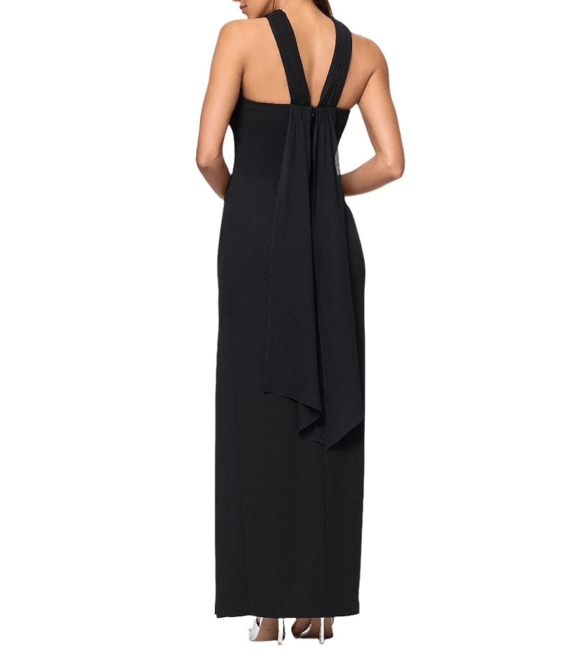Xscape Halter Scuba Crepe Ruched Back Draping Sheath Gown