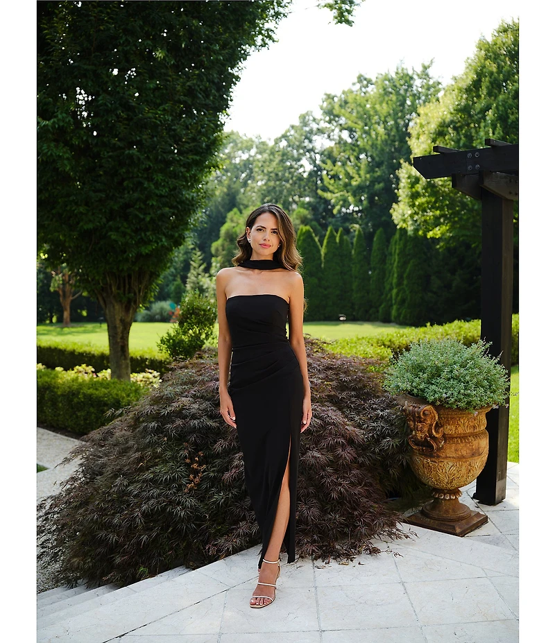 Xscape Halter Scuba Crepe Ruched Back Draping Sheath Gown