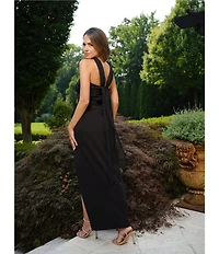 Xscape Halter Scuba Crepe Ruched Back Draping Sheath Gown