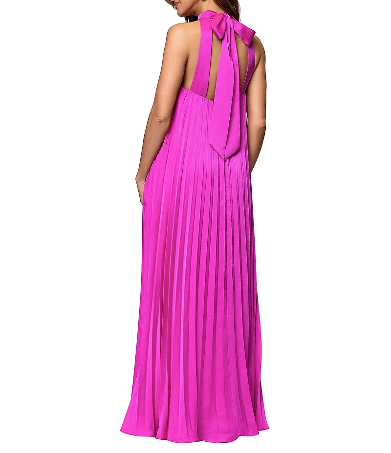 Xscape Hammered Satin Halter Neck Sleeveless Pleated Shift Dress