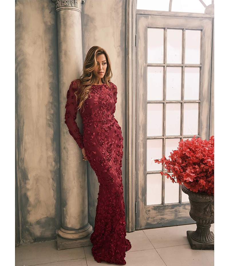 Xscape Illusion 3D Flower Pattern Crew Neck Long Sleeves Sheath Gown