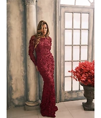 Xscape Illusion 3D Flower Pattern Crew Neck Long Sleeves Sheath Gown