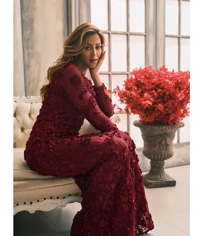 Xscape Illusion 3D Flower Pattern Crew Neck Long Sleeves Sheath Gown