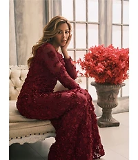Xscape Illusion 3D Flower Pattern Crew Neck Long Sleeves Sheath Gown