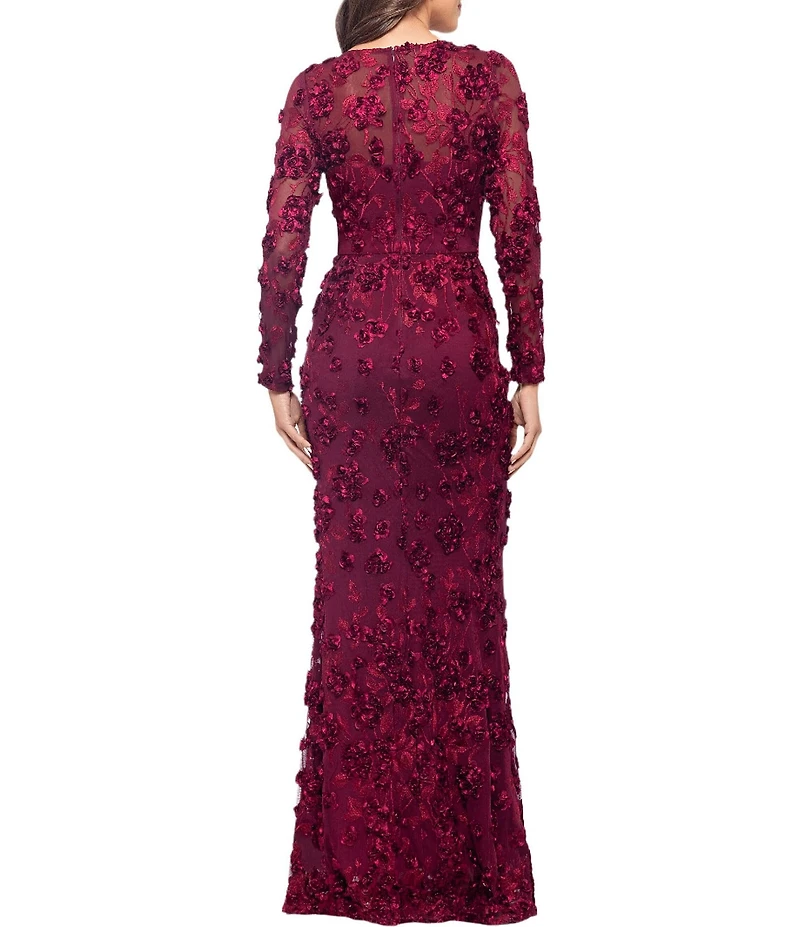 Xscape Illusion 3D Flower Pattern Crew Neck Long Sleeves Sheath Gown