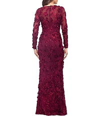 Xscape Illusion 3D Flower Pattern Crew Neck Long Sleeves Sheath Gown