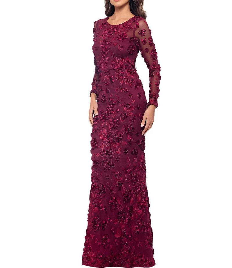 Xscape Illusion 3D Flower Pattern Crew Neck Long Sleeves Sheath Gown