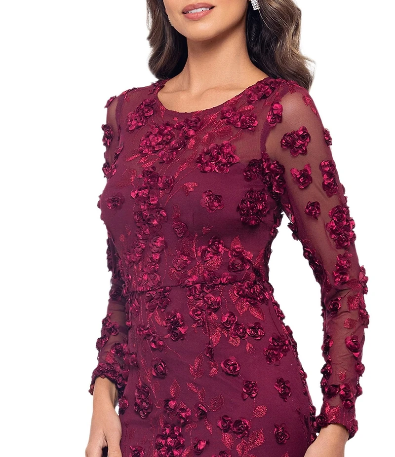 Xscape Illusion 3D Flower Pattern Crew Neck Long Sleeves Sheath Gown