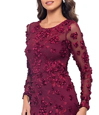 Xscape Illusion 3D Flower Pattern Crew Neck Long Sleeves Sheath Gown