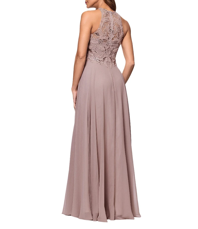 Xscape Illusion Halter Beaded Mesh Bodice Chiffon A-Line Gown