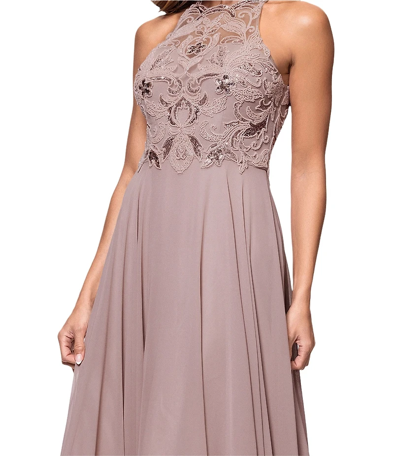 Xscape Illusion Halter Beaded Mesh Bodice Chiffon A-Line Gown
