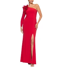 Xscape ITY Jersey One Shoulder Long Sleeve Ruffle Sheath Dress