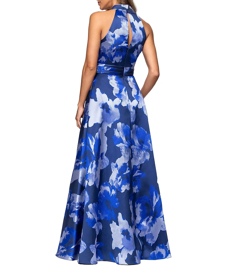 Xscape Jacquard Floral V-Neck Sleeveless A-Line Gown