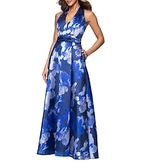 Xscape Jacquard Floral V-Neck Sleeveless A-Line Gown