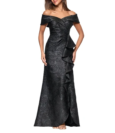 Xscape Jacquard Metallic Off-The-Shoulder A-Line Gown