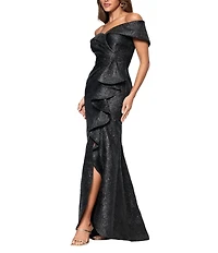 Xscape Jacquard Metallic Off-The-Shoulder A-Line Gown