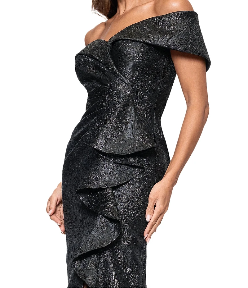Xscape Jacquard Metallic Off-The-Shoulder A-Line Gown