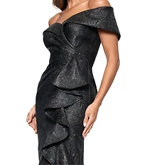 Xscape Jacquard Metallic Off-The-Shoulder A-Line Gown