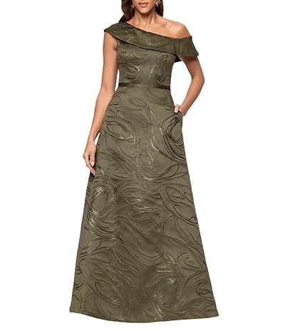 Xscape Jacquard Metallic One Shoulder A-Line Gown