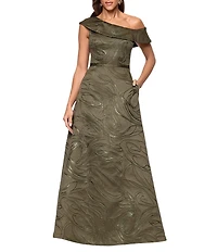 Xscape Jacquard Metallic One Shoulder A-Line Gown