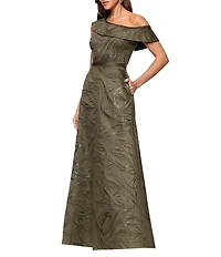 Xscape Jacquard Metallic One Shoulder A-Line Gown