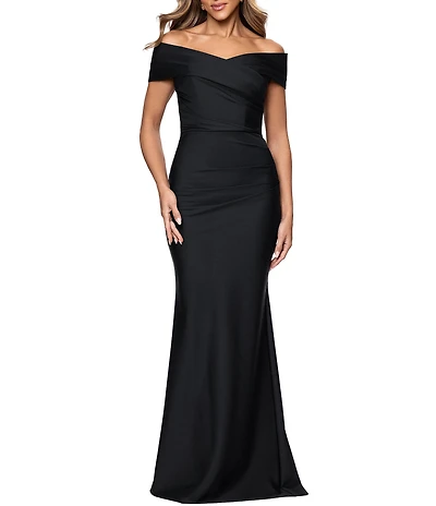 Xscape Long Bonded Knit Off the Shoulder Rouched Dress