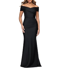 Xscape Long Bonded Knit Off the Shoulder Rouched Dress