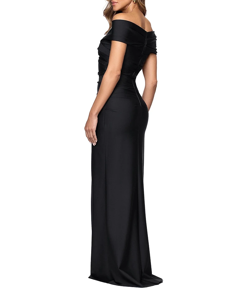 Xscape Long Bonded Knit Off the Shoulder Rouched Dress
