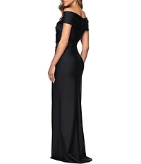 Xscape Long Bonded Knit Off the Shoulder Rouched Dress