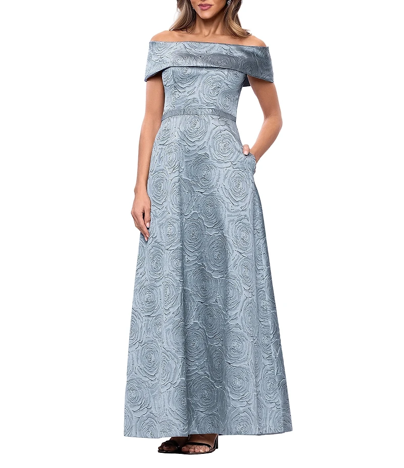 Xscape Long Brocade Off The Shoulder Gown