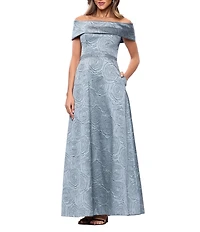 Xscape Long Brocade Off The Shoulder Gown