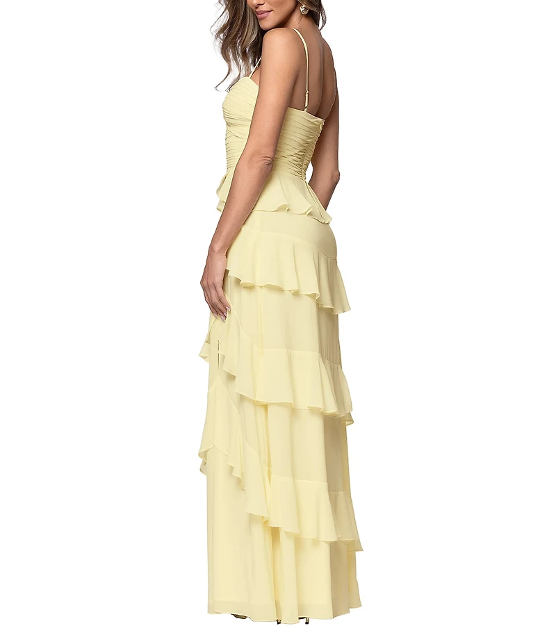 Xscape Long Chiffon Sweetheart Sleeveless Tier Ruffle A-Line Gown