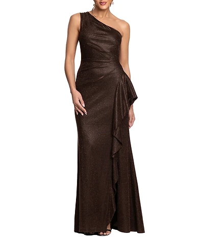 Xscape Long Glitter Galaxy One Shoulder Ruffle Dress