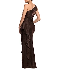 Xscape Long Glitter Galaxy One Shoulder Ruffle Dress