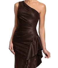 Xscape Long Glitter Galaxy One Shoulder Ruffle Dress