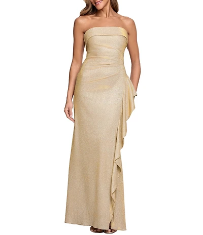 Xscape Long Glitter Knit Side Ruffle Dress