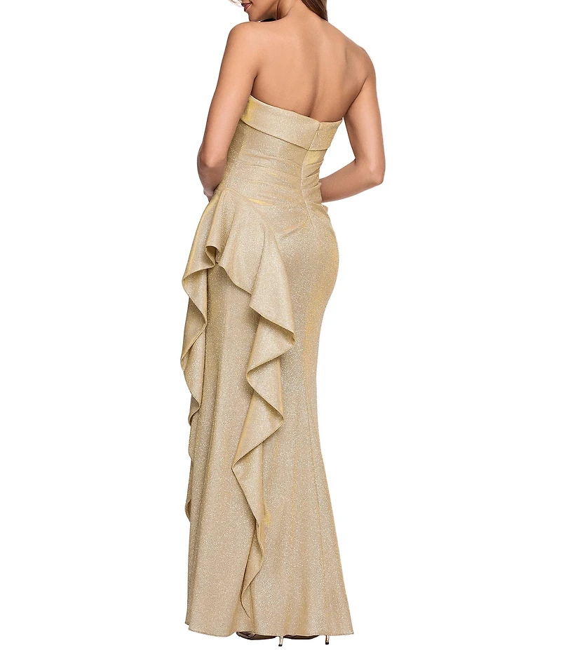 Xscape Long Glitter Knit Side Ruffle Dress