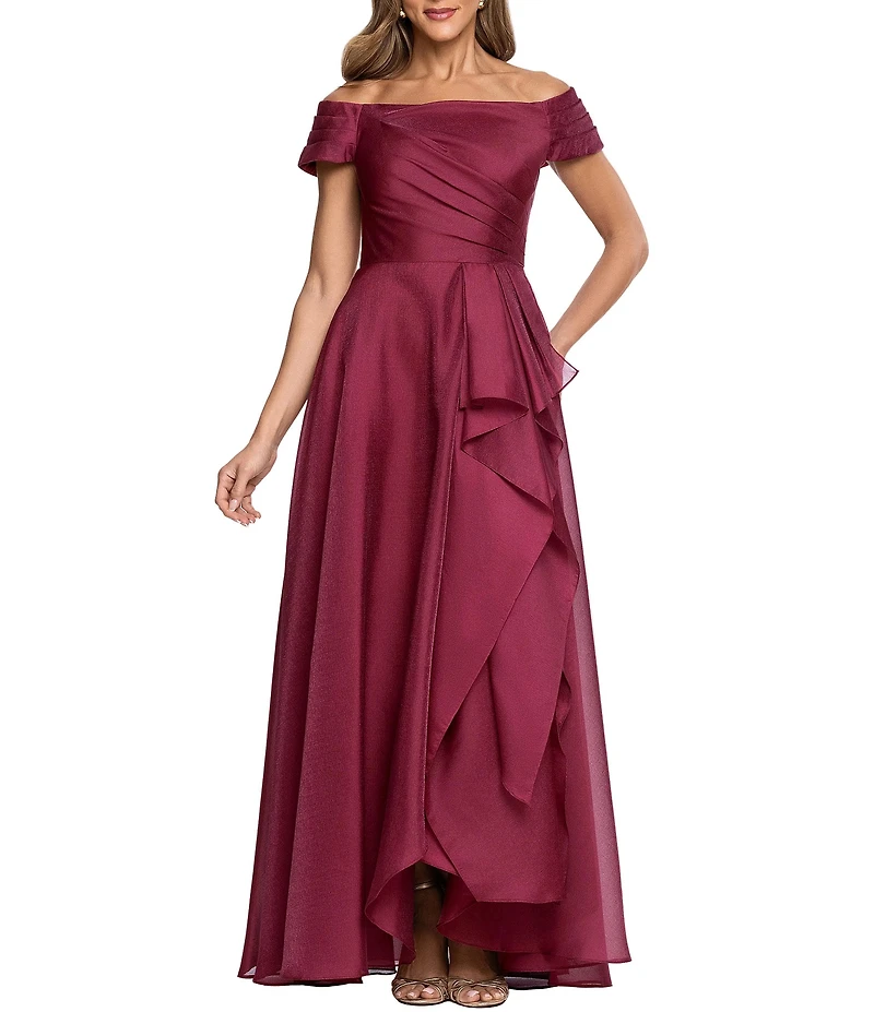 Xscape Long Metallic Organza Off-the-Shoulder Gown