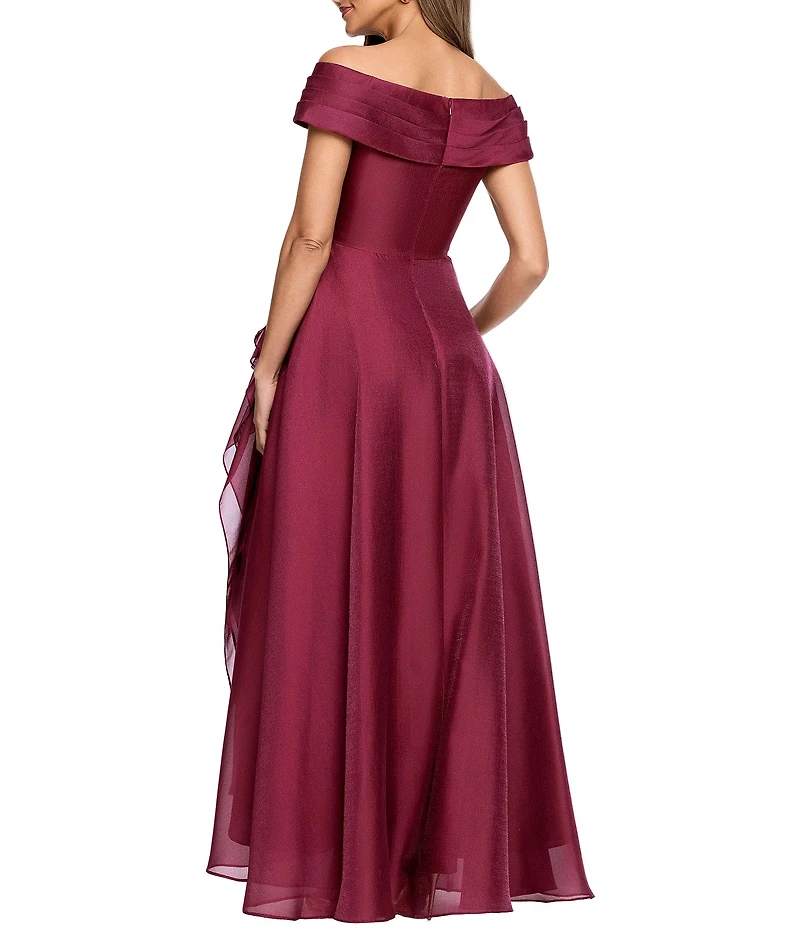 Xscape Long Metallic Organza Off-the-Shoulder Gown