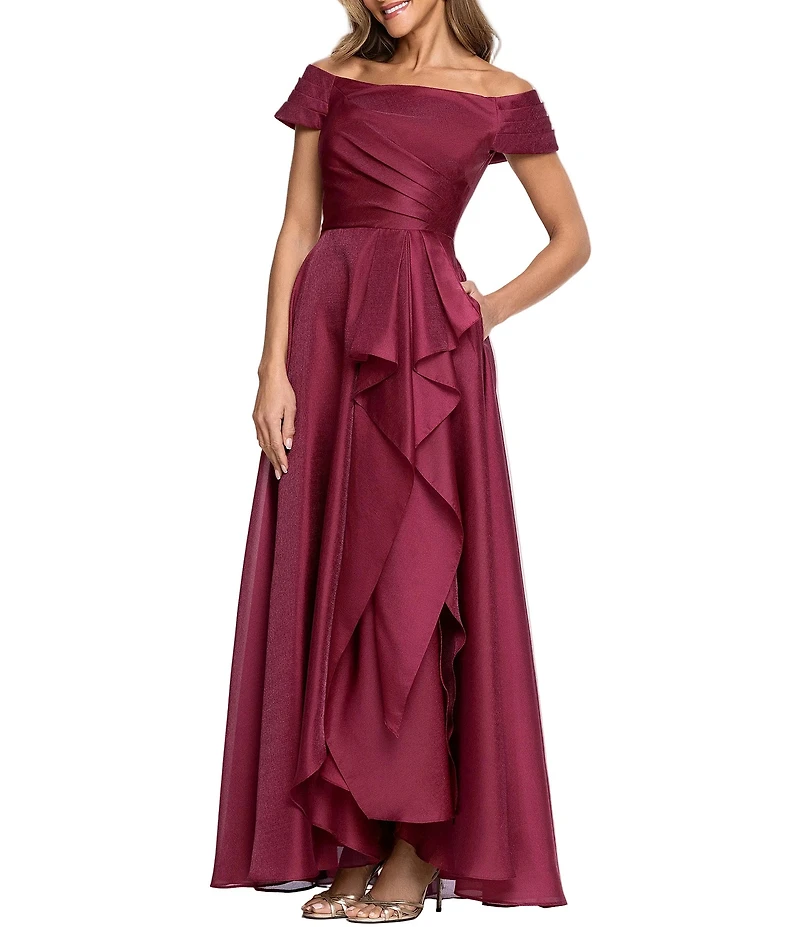 Xscape Long Metallic Organza Off-the-Shoulder Gown
