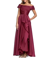 Xscape Long Metallic Organza Off-the-Shoulder Gown