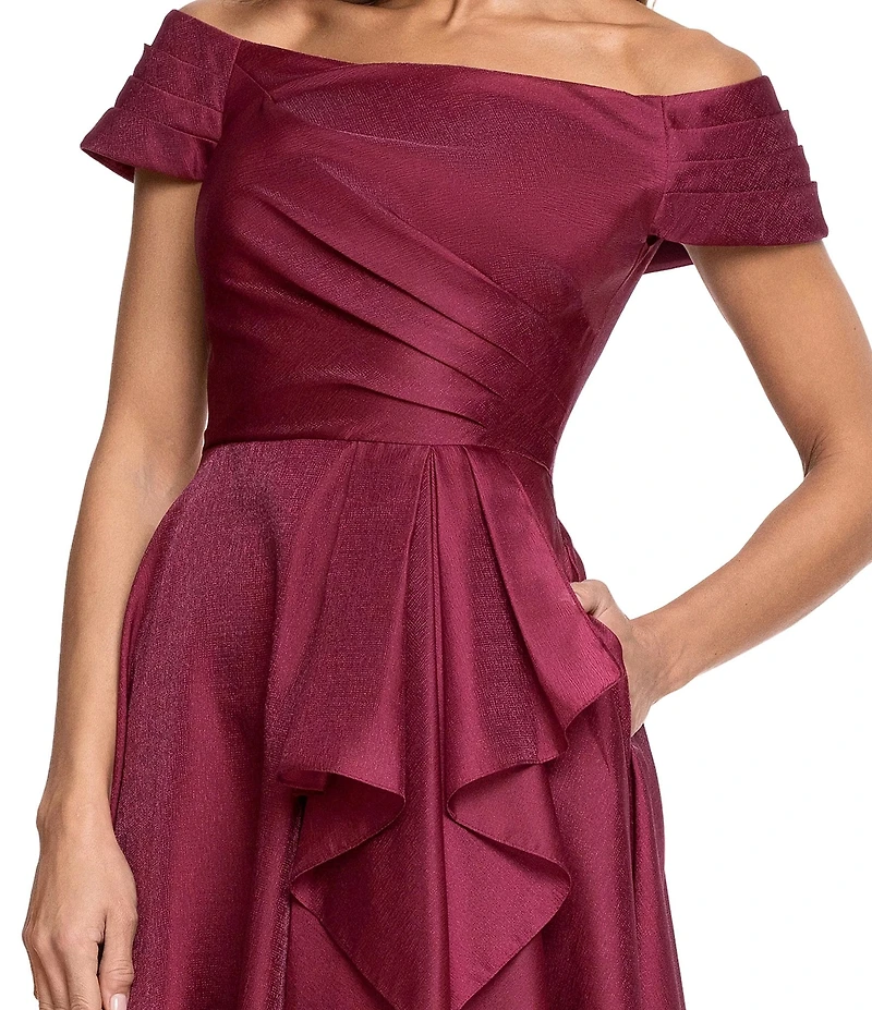 Xscape Long Metallic Organza Off-the-Shoulder Gown