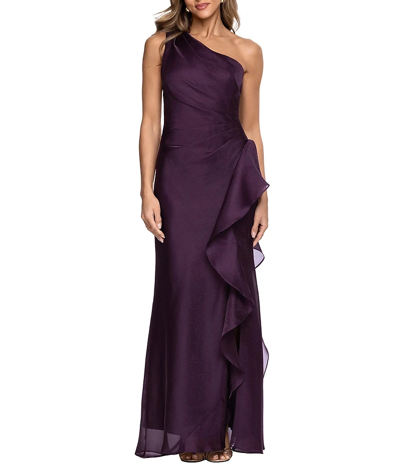 Xscape Long Metallic Organza One Shoulder Gown