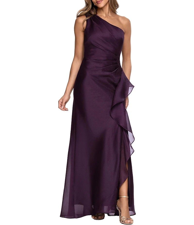 Xscape Long Metallic Organza One Shoulder Gown