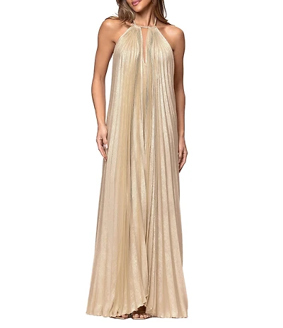 Xscape Long Metallic Woven Halter Pleated Long Dress