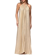 Xscape Long Metallic Woven Halter Pleated Long Dress